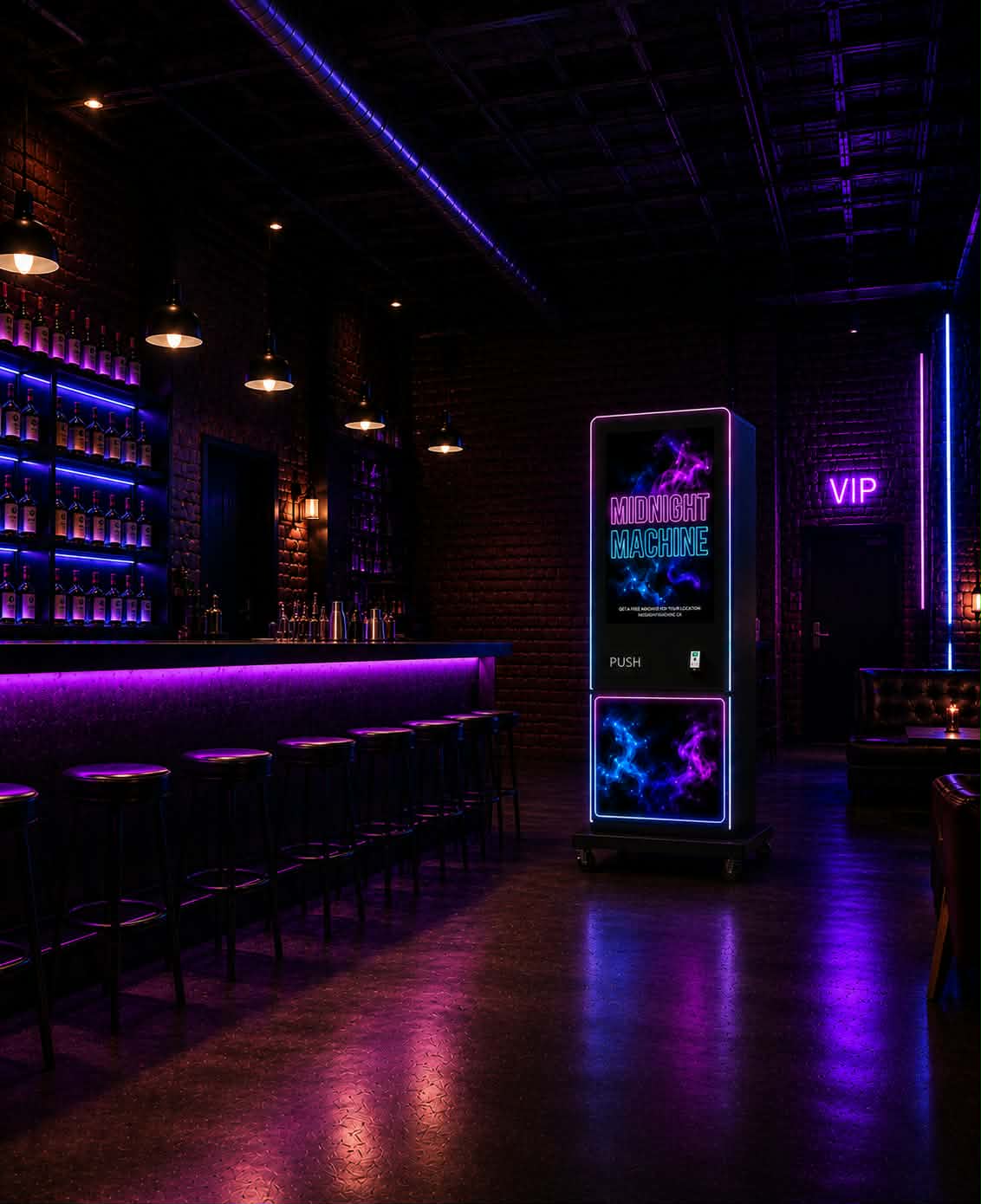A sleek, illuminated vending machine stocked with colorful vape devices stands in a dimly lit, modern lounge.